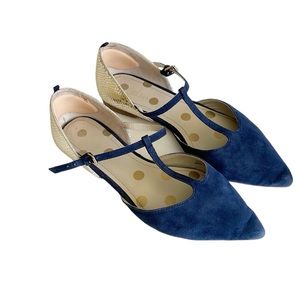 Boden Sienna T-bar navy gold metallic pointy toe flats size 37 EU